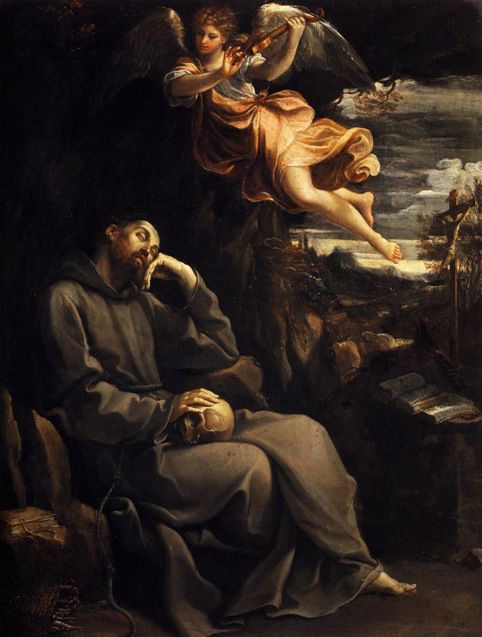 Saint Francis Tröstad av den musikaliska ängeln av Guido Reni