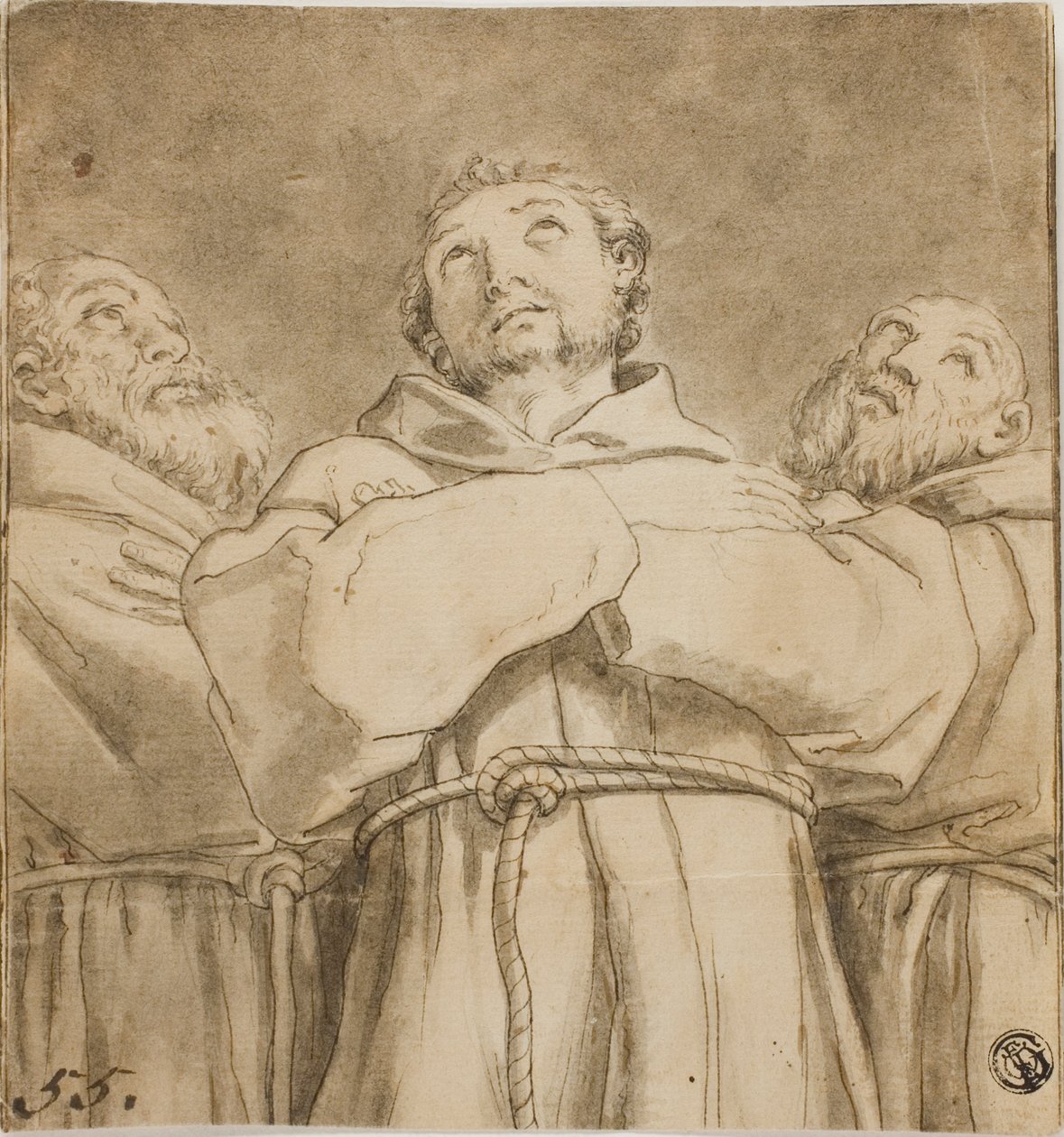 Saint Francis of Assisi, med två munkar av hans orden av Guido Reni