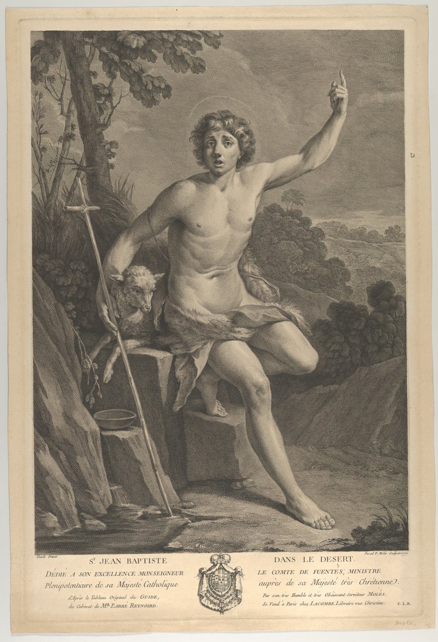 Johannes Döparen i öknen, sittande på en klippa och pekar uppåt med vänster h..., 1770 av Guido Reni