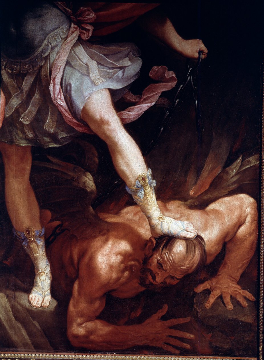 Saint Michael krossar demonens huvud. Detalj av sandalskorna (Silk Painting av Guido Reni