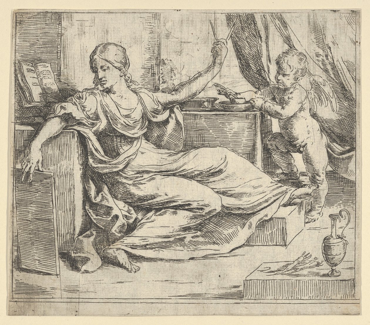 Sittande kvinna som håller en tablett och kompass allegori om lärande, en bevingad putto ..., ca. 1600-1640. av Guido Reni