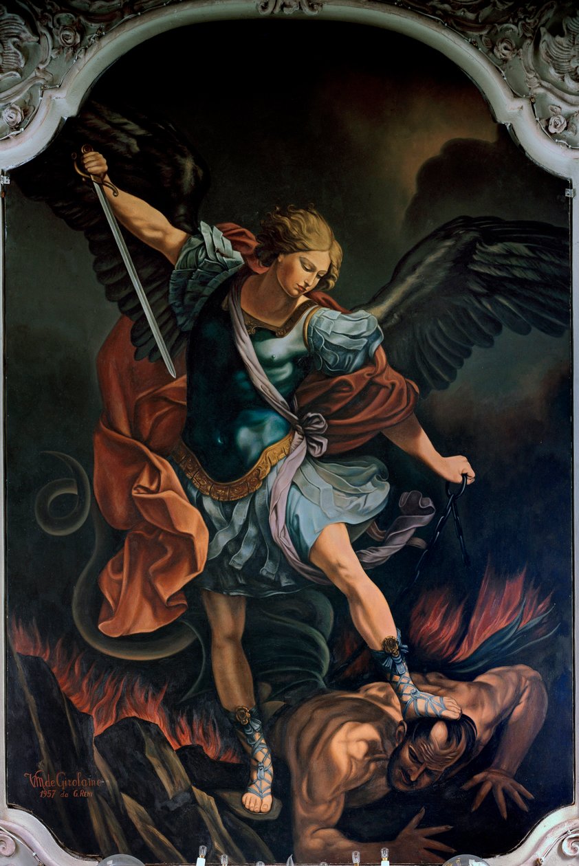 Ärkeängeln Saint Michael Terrassing the Dragon Målning av V. M. De Girolamo (1900-talet) efter Guido Reni. 1957 av Guido Reni