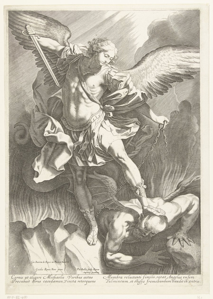 Ärkeängeln St Michael som besegrar djävulen, graverad av Pieter de Bailliu, 1623-60 av Guido Reni