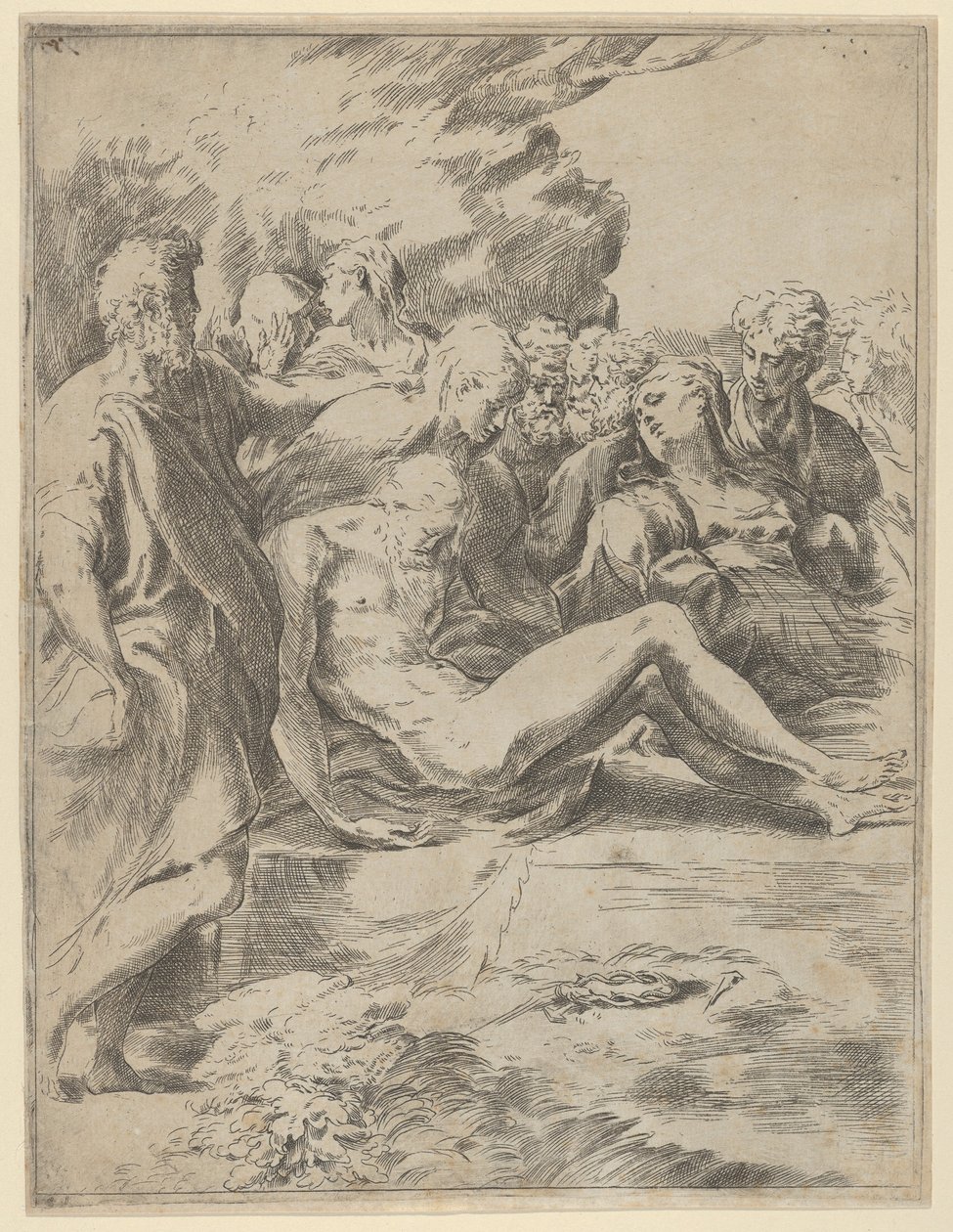 Gravläggningen, Kristus med utsträckta ben, Jungfrun till höger, 1590-1600. av Guido Reni