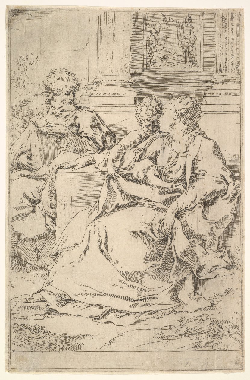 Den heliga familjen med skriftscen i bakgrunden. av Guido Reni