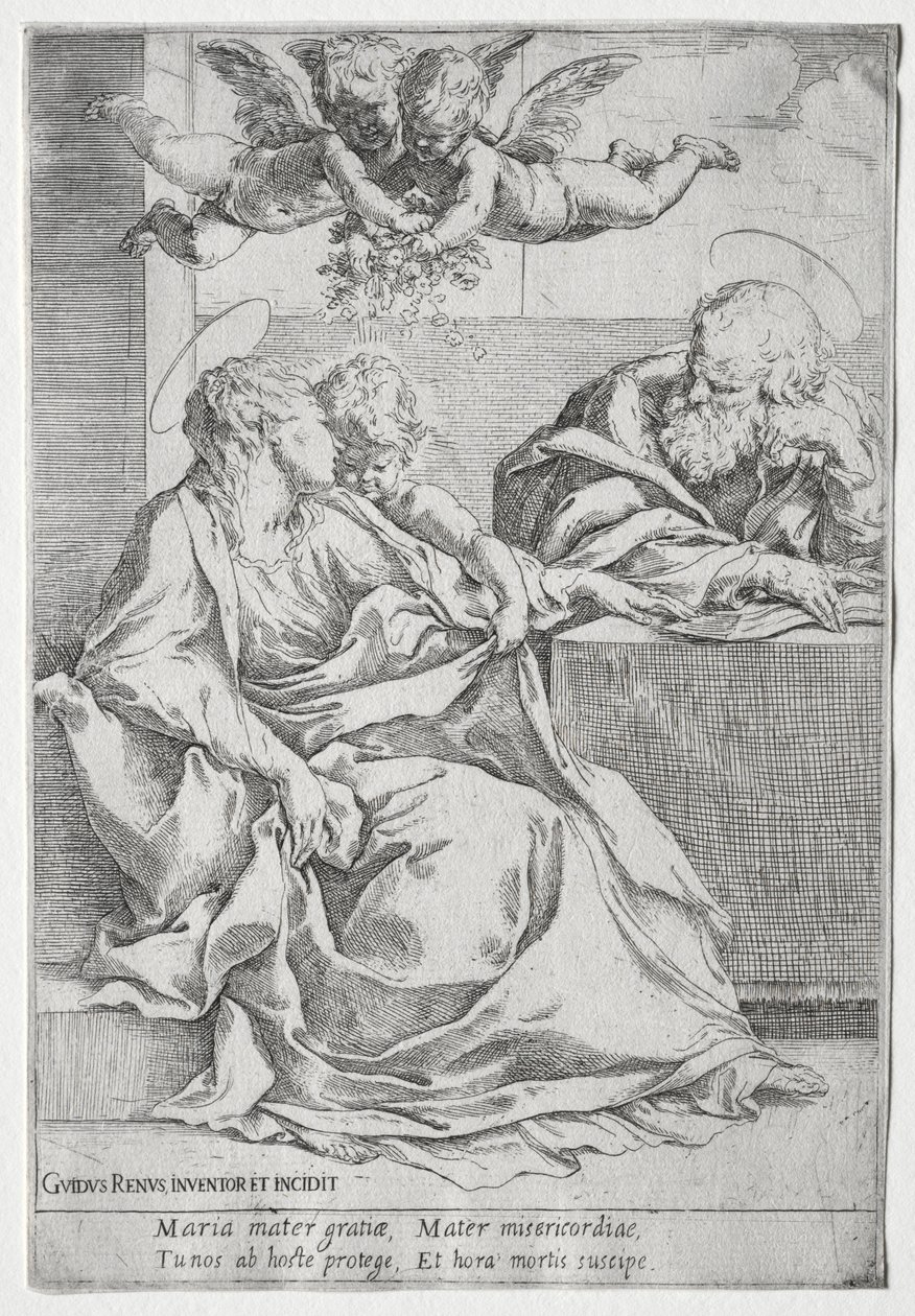 Den heliga familjen med två änglar. av Guido Reni