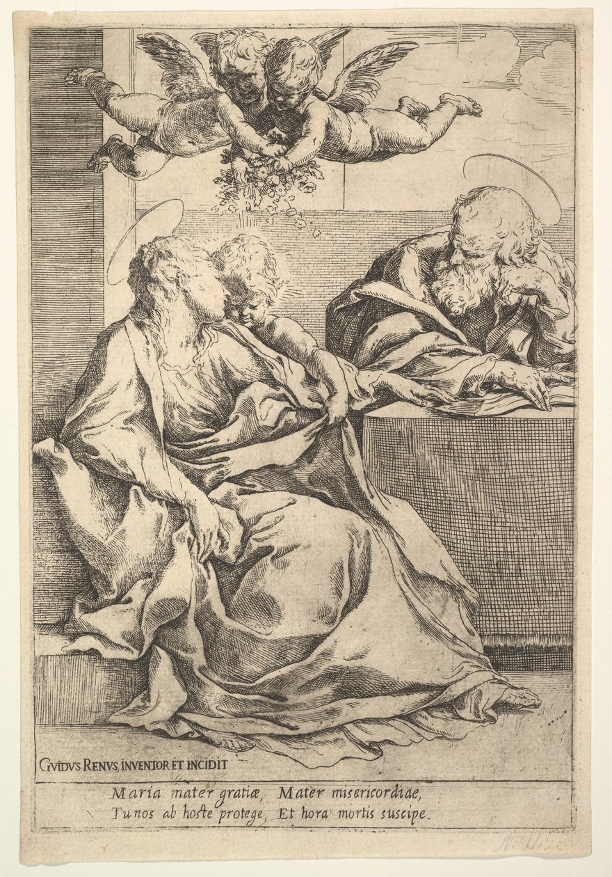 Den heliga familjen med två änglar. av Guido Reni