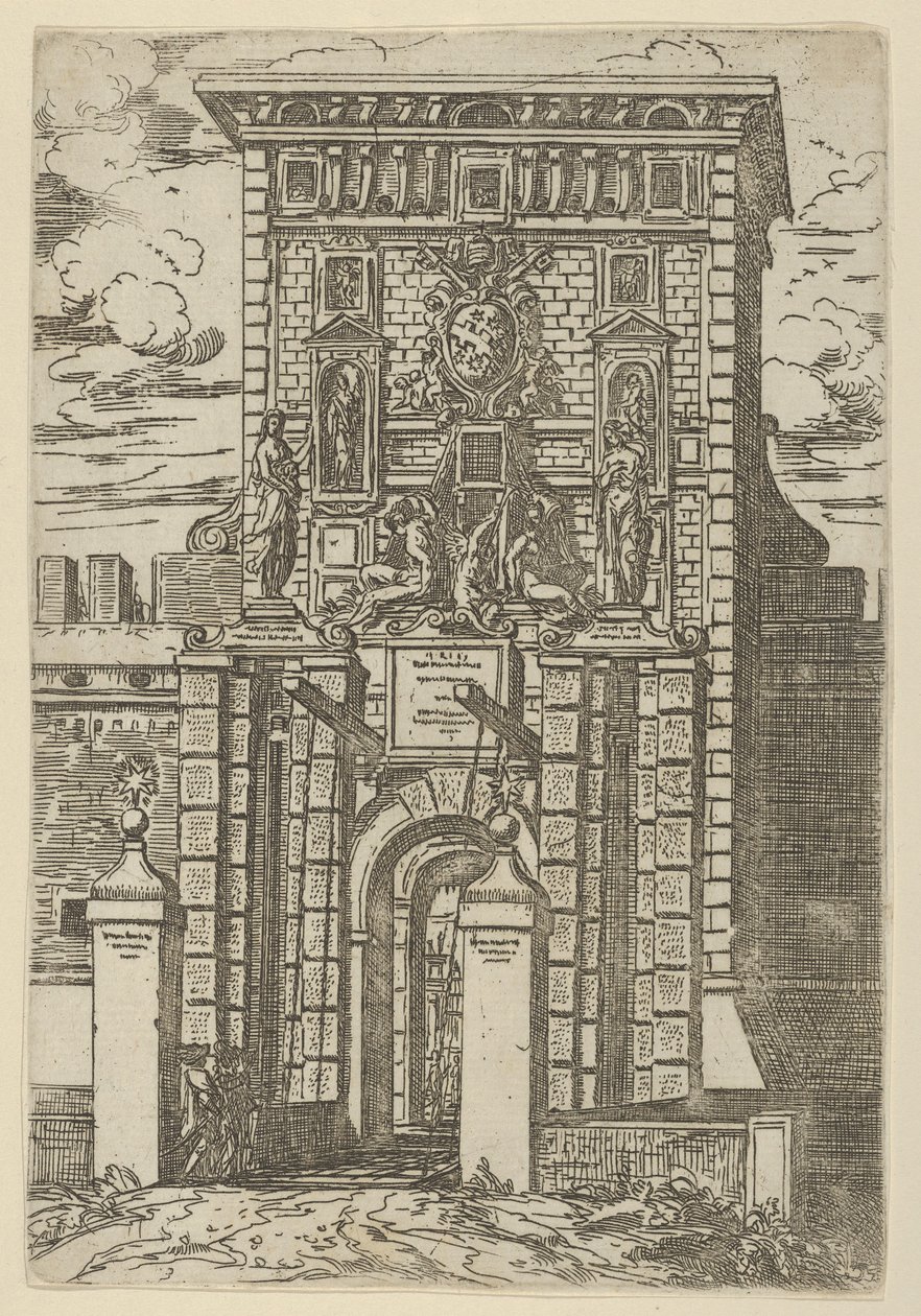 Porta Galliera, ingångsporten till Bologna och vindbryggan med tillfälliga dekorationer..., 1598. av Guido Reni
