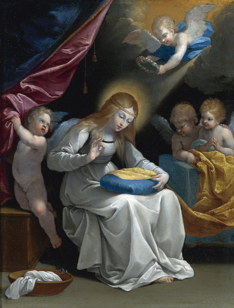 The Virgin Sewing, ackompanjerad av fyra änglar (La Couseuse) av Reni, Guido (1575-1642). Olja på koppar, storlek: 28,5x21,5, , Privat samling av Guido Reni