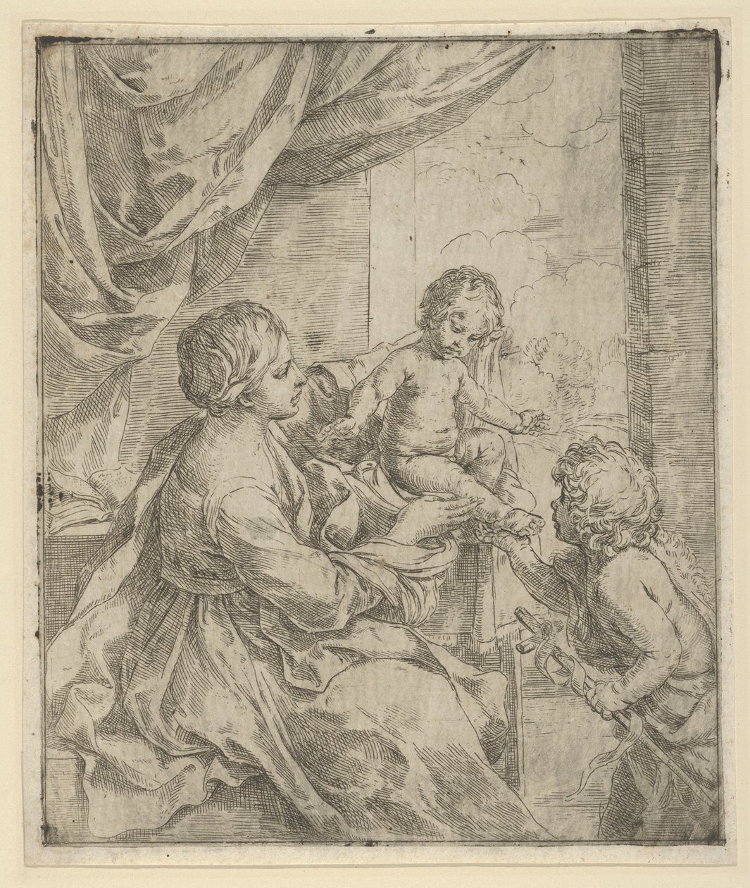 Jungfrun och barnet vid ett bord med den unge Johannes Döparen, ca. 1600-1640. av Guido Reni