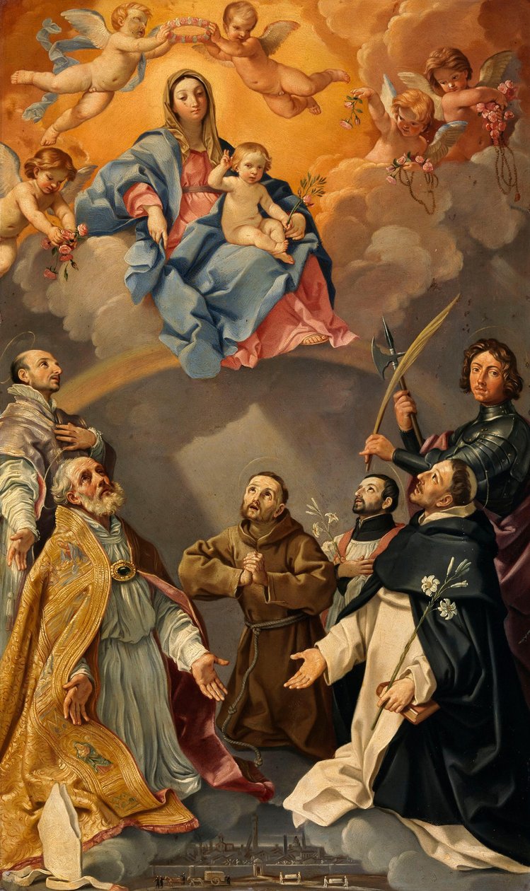 Jungfrun och barnet med skyddshelgonen för staden Bologna (Sankt Ignatius av Loyola, Petronius, Procolus, Franciskus av Assisi, Franciskus Xavier, Dominicus och Florianus) av Guido Reni