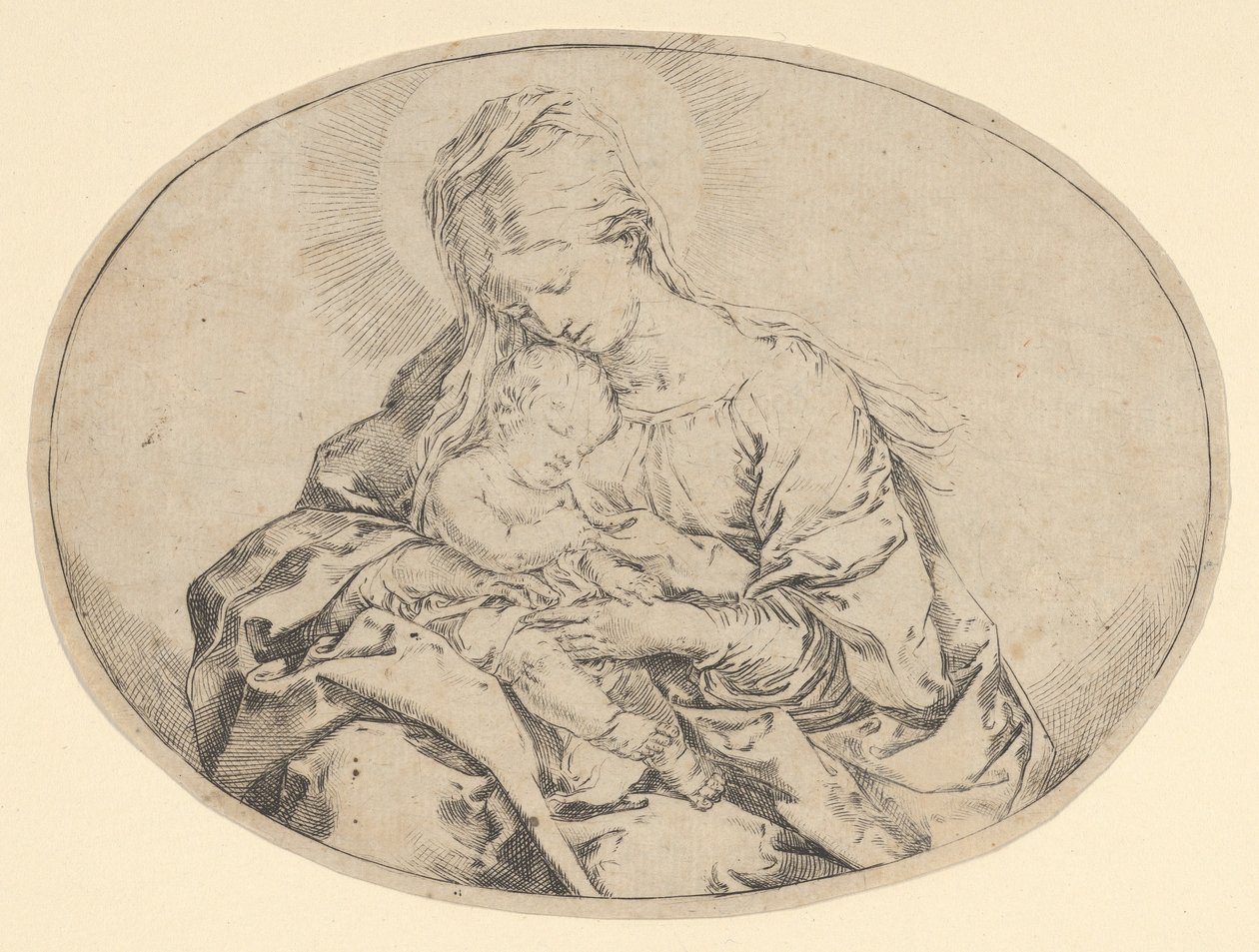Jungfrun som håller spädbarnet Kristus, en oval komposition, ca. 1600-1640. av Guido Reni