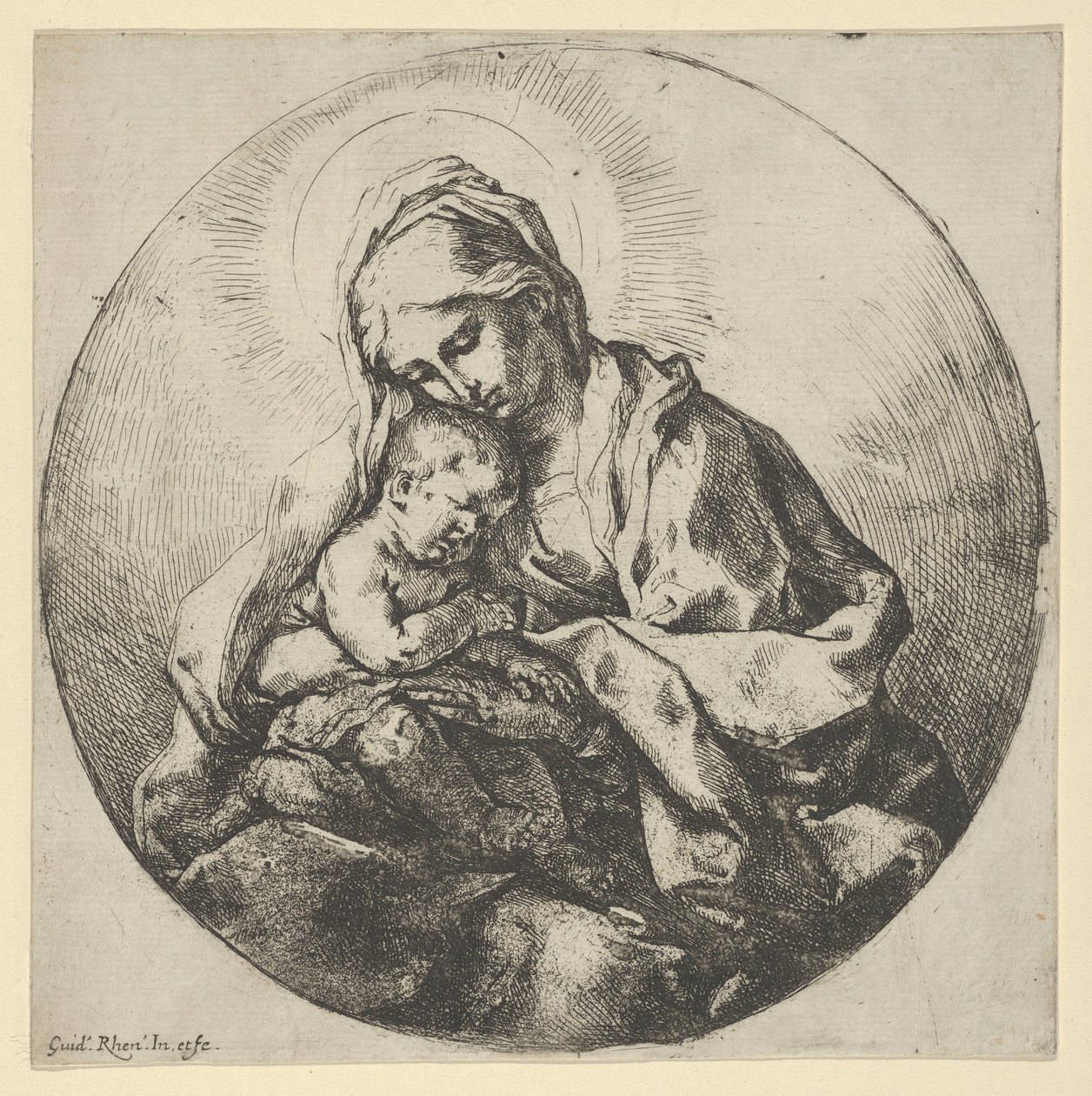 Jungfrun som håller spädbarnet Kristus med fingrarna på sin högra hand gömda, en ..., ca 1600-1640. av Guido Reni