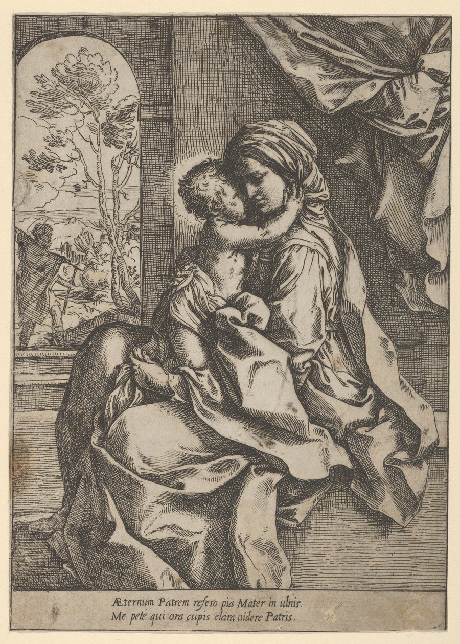 Jungfrun satt med Kristusbarnet i hennes knä och omfamnade henne, Josef såg..., ca. 1600-1613. av Guido Reni