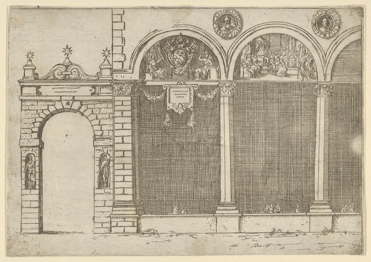 Arkaden i ärkebiskopens palats av Bologna med tillfälliga dekorationer för e..., 1598. av Guido Reni