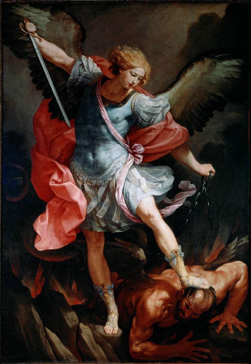 Ärkeängeln Saint Michael krossar huvudet på demonen Sidenmålning av Guido Reni som kallas Guiden av Guido Reni
