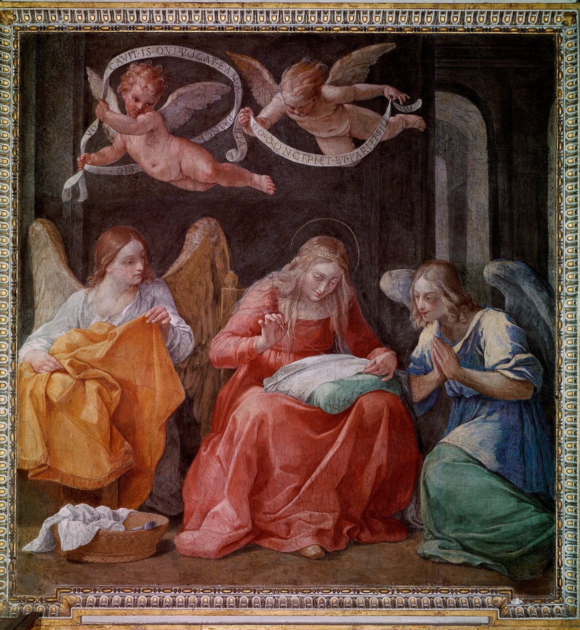 Den jungfruliga sy med två änglar (fresk av Guido Reni