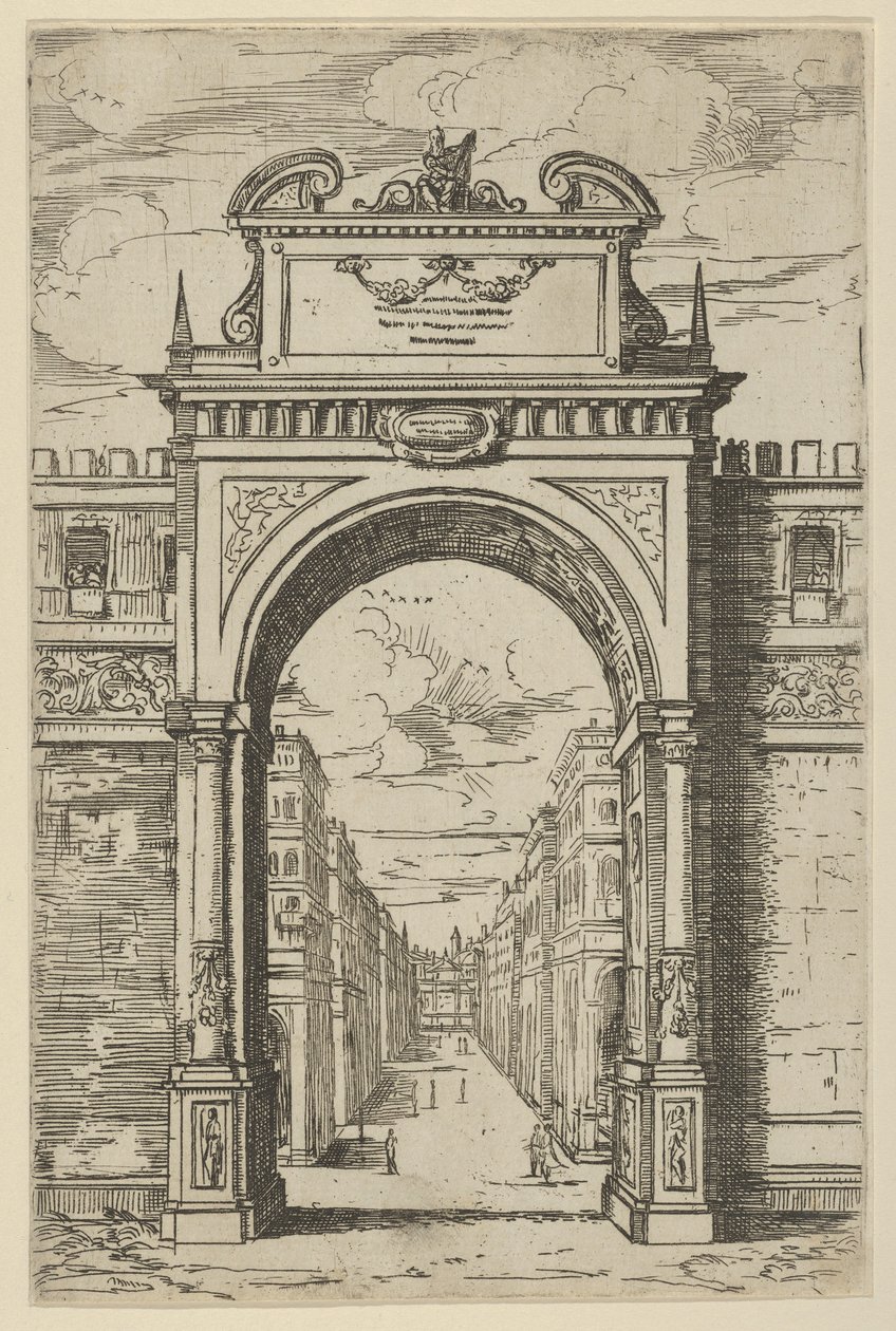 Triumfbåge överträffad av en staty av Moses, byggnader sedda genom bågen nedanför, en t..., 1598. av Guido Reni