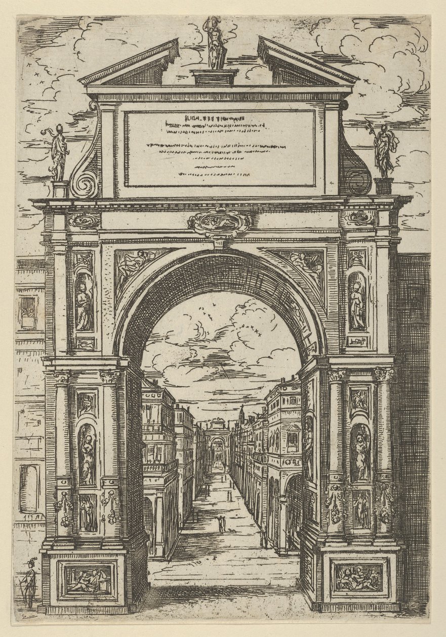 Triumfbåge överträffad av en staty som föreställer staden Bologna, byggnader sedda från..., 1598. av Guido Reni