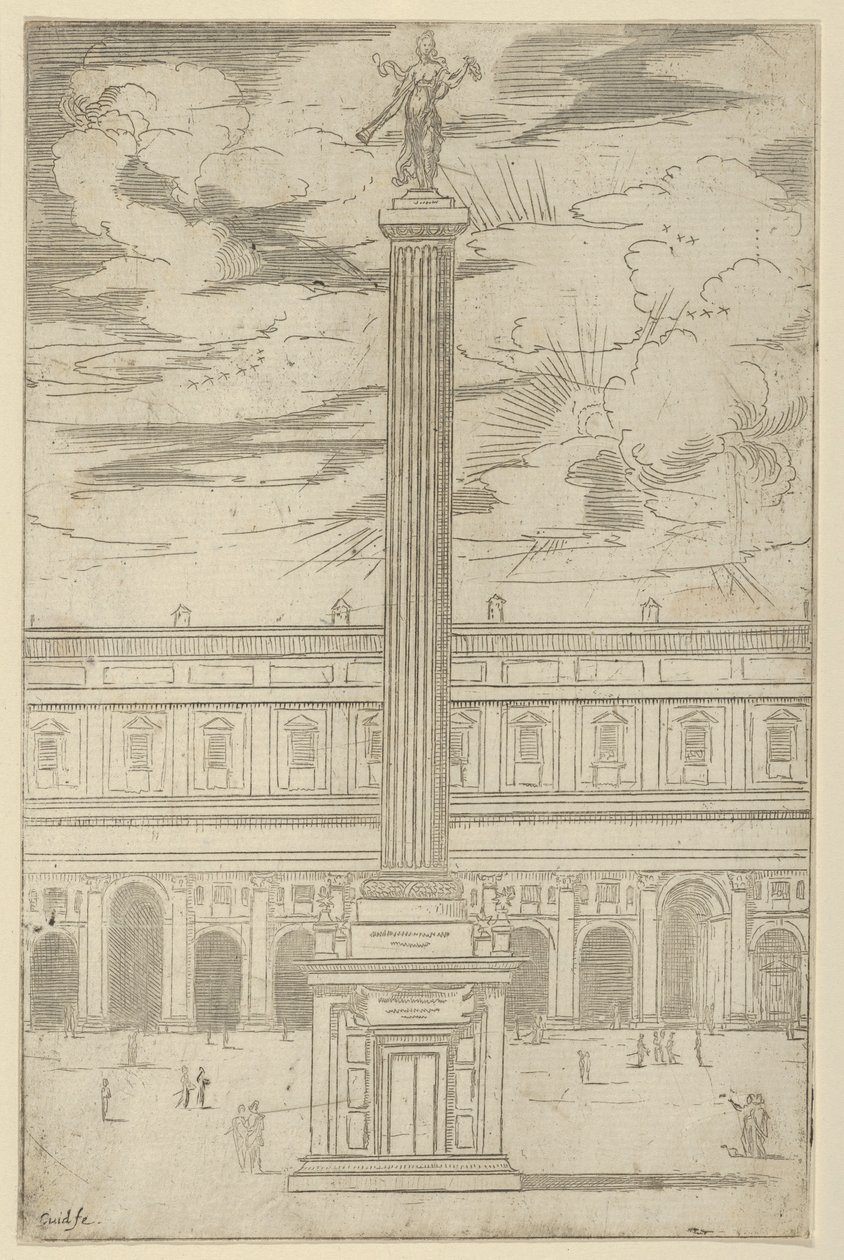Triumfpelare med kvinnlig berömmelsesfigur som håller en trumpet högst upp, en tillfällig dekor..., 1598. av Guido Reni