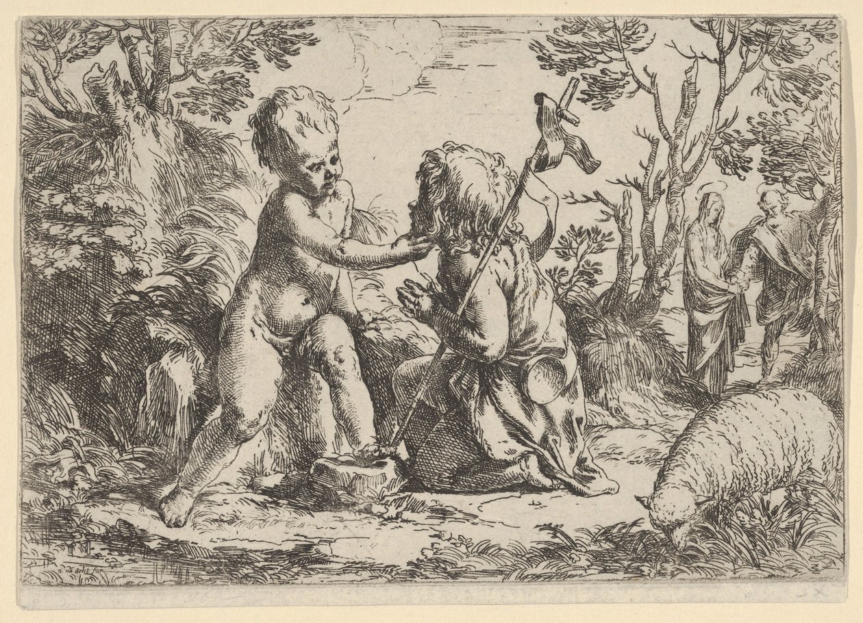 Den unge helige Johannes döparen knäböjer inför spädbarnet Kristus som smeker sin f..., ca. 1600-1640. av Guido Reni