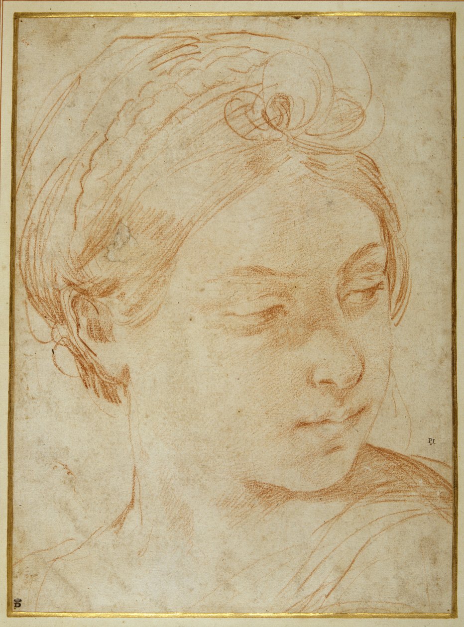 Ung kvinnas huvud, vände sig för att titta över hennes vänstra axel (röd krita på vitt papper) av Guido Reni