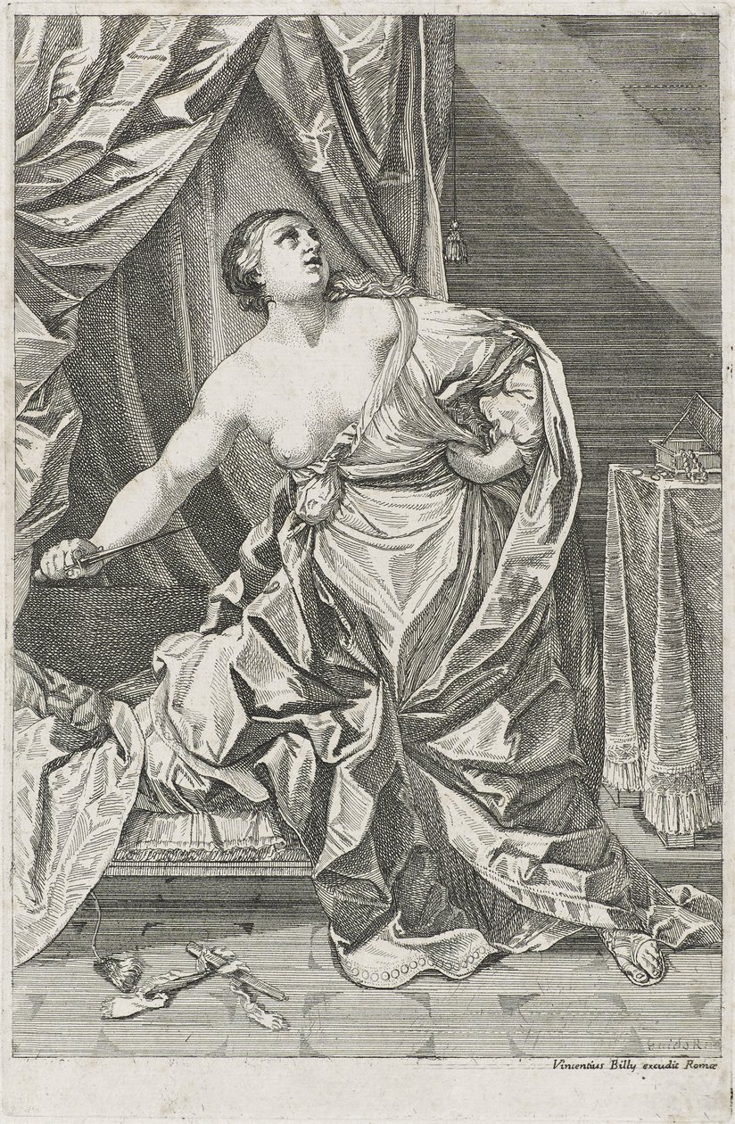 Lucretias död, ca. 1700-50 möjligen Antonio Billy (aktiv första hälften av 1700-talet) (etsning på papper) av Guido after Reni