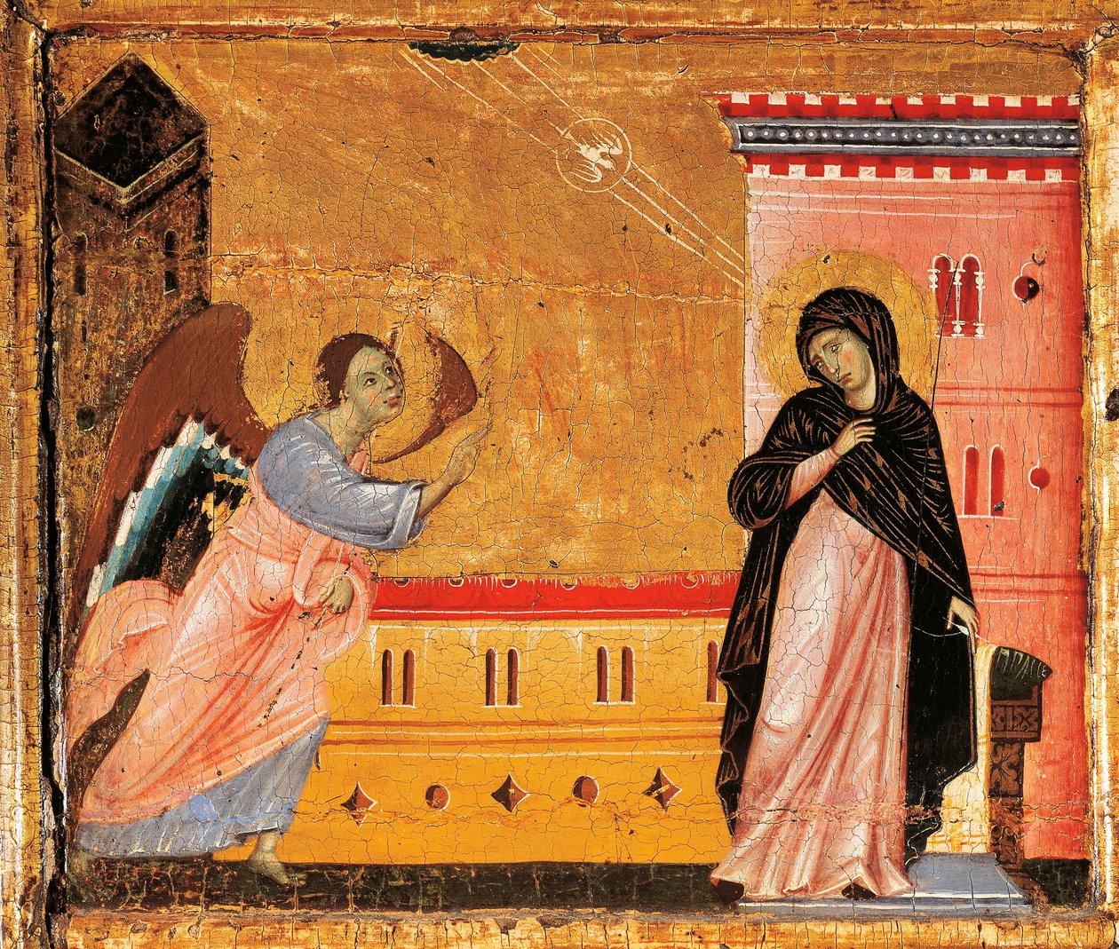 Annunciation, detalj från Antependium of St Peter Enthroned by Guido da Siena (cirka 1250 -1300), tempera och guld på trä av Guido da Siena