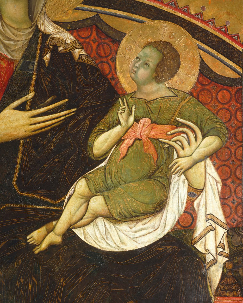 The Child Jesus, detalj från Majesty av Guido da Siena (ca 1230-ca 1290) Pelarsalen, Palazzo Pubblico (stadshuset), Siena av Guido da Siena