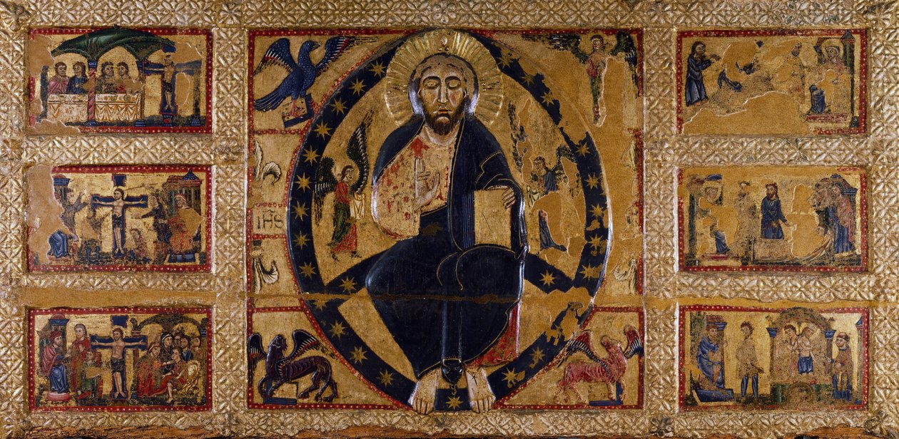 Återlösaren och evangelisternas symboler, av Guido da Siena (aktiv ca 1250-1300), målning på trä. av Guido da Siena