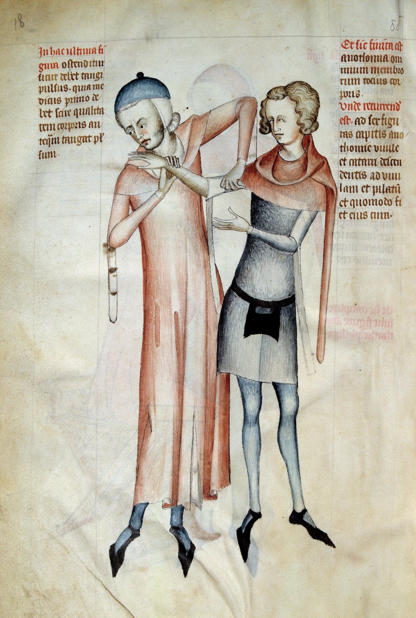 Kirurgi: läkare undersöker sin patients leder genom att sträcka en arm (osteopat). Miniatyr i ""Liber notables Philippi den sjunde kungen av frankerna, extraherad från Galiens böcker"" skriven av Gui (kille) av Pavia av Guido da Vigevano da Pavia