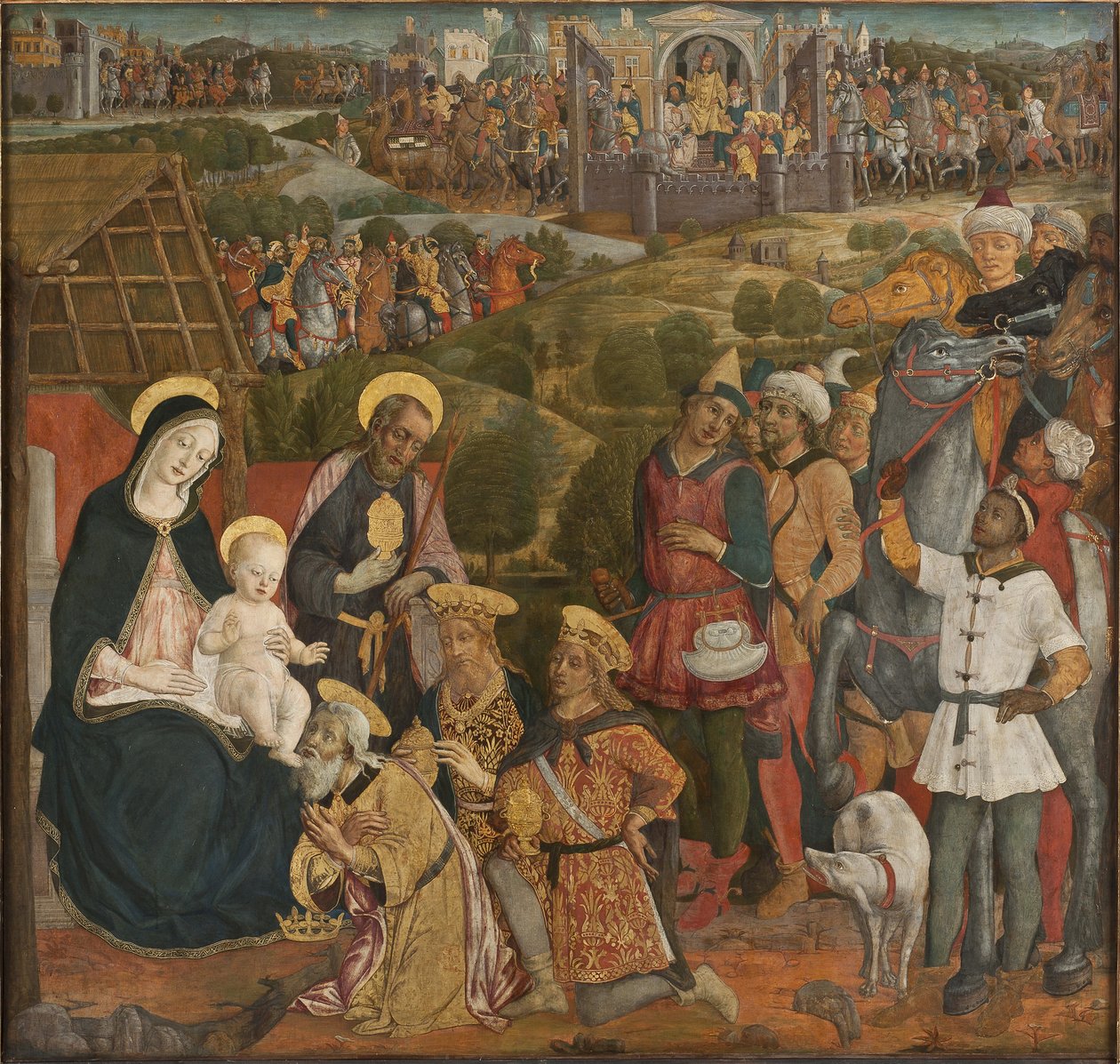 The Adoration of the Magi - The Adoration of the Magi, av Cozzarelli, Guidoccio di Giovanni (1450-1517). Tempera och olja på duk. Mått: 168x176 cm. Nationalmuseum Stockholm av Guidoccio di Giovanno Cozzarelli