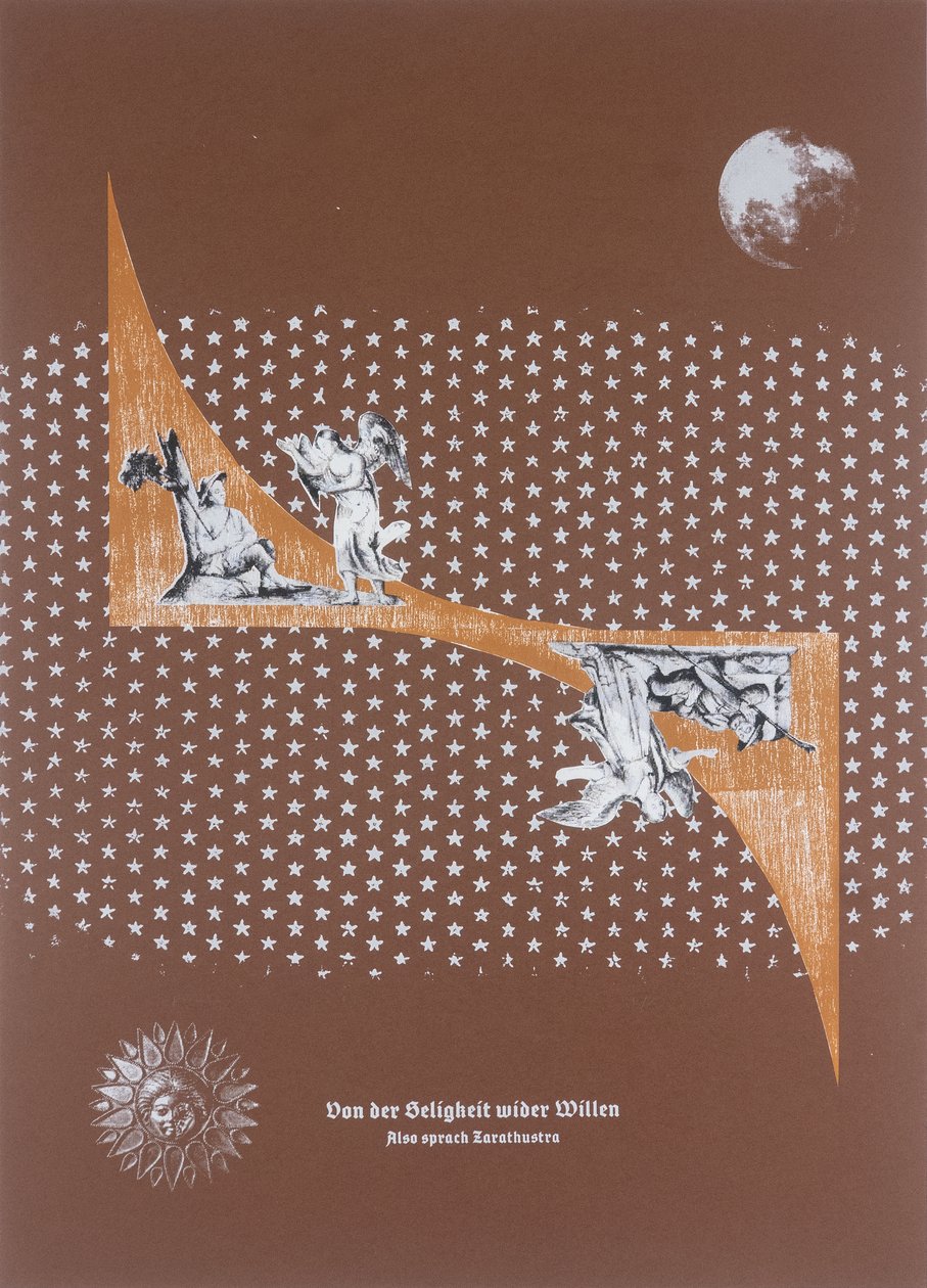 Ofrivillig salighet,Så talade Zarathustra, 2025 (träsnitt och silkscreen) av Guilherme Pontes