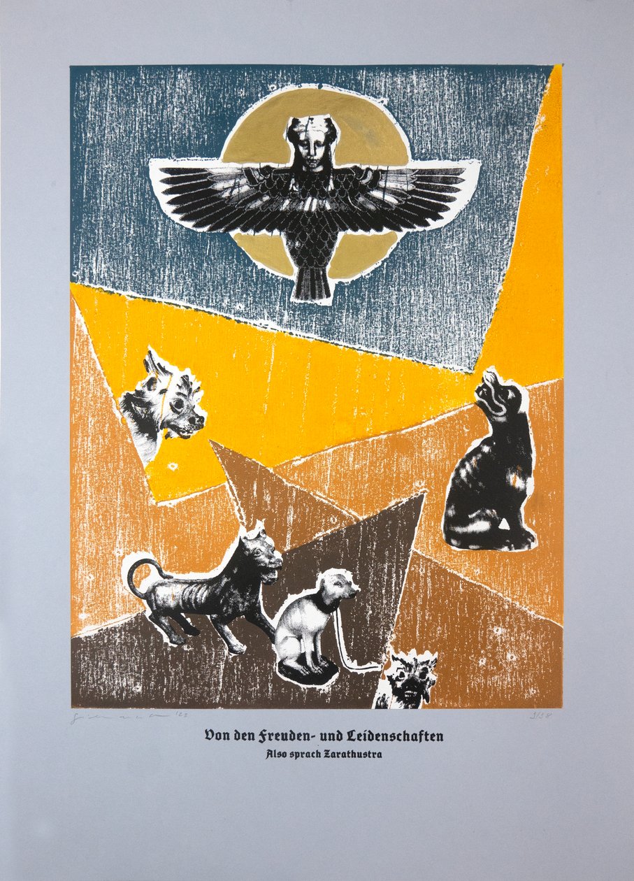 Om att njuta och lida av passionerna, Så talade Zarathustra, 2023 (träsnitt och silkscreen) av Guilherme Pontes