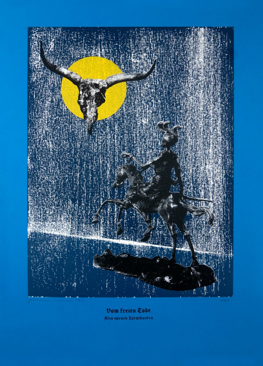 Om den fria döden, Så talade Zarathustra, 2024 (träsnitt och silkscreen) av Guilherme Pontes