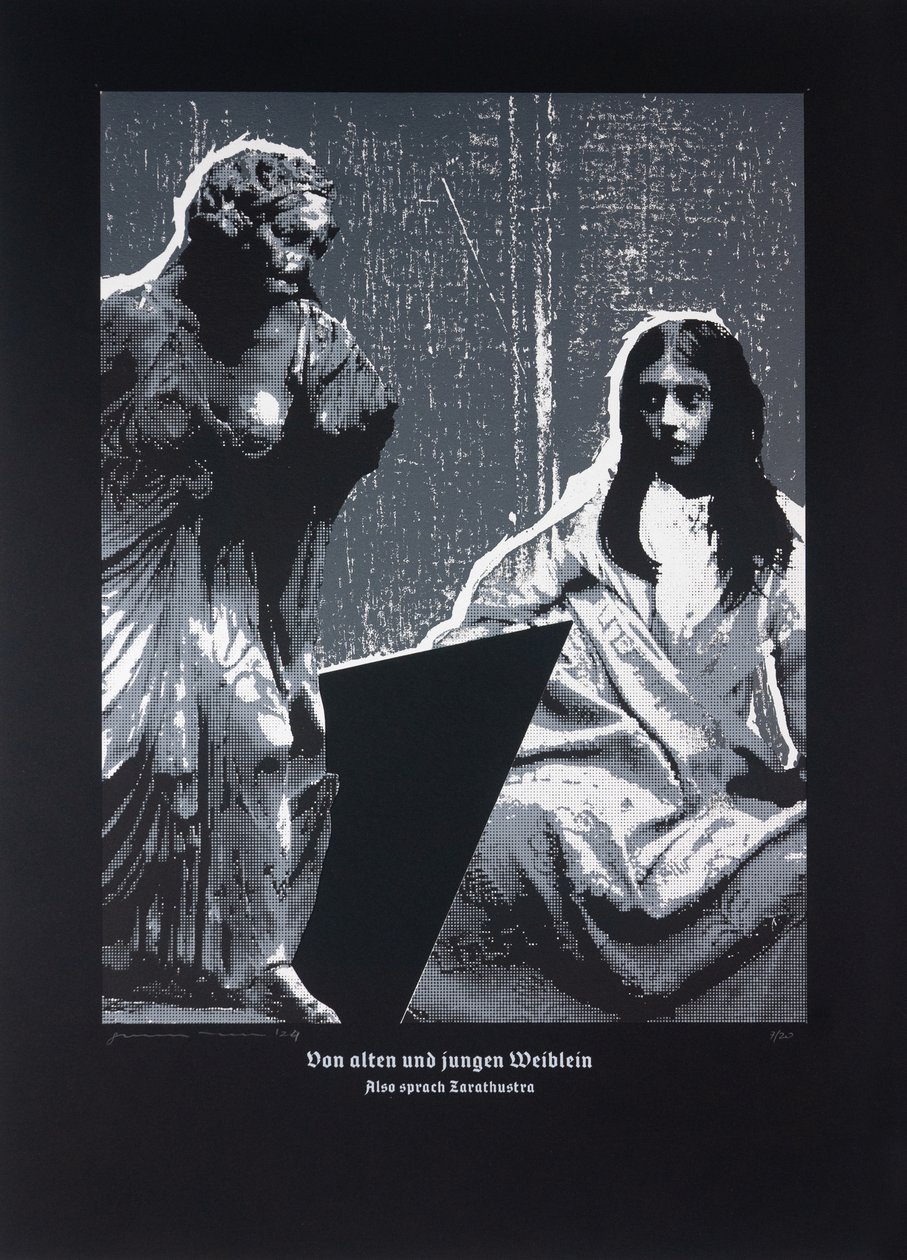 Om små gamla och unga kvinnor, Så talade Zarathustra, 2024 (träsnitt och silkscreen) av Guilherme Pontes