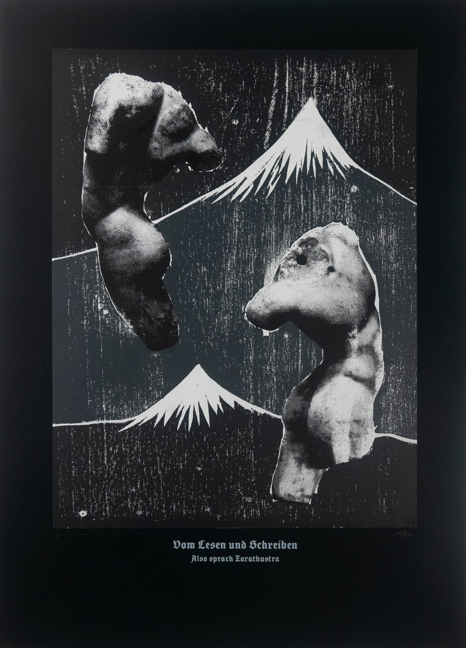 On Reading And Writing (Black), Så talade Zarathustra, 2023 (träsnitt och silkscreen) av Guilherme Pontes
