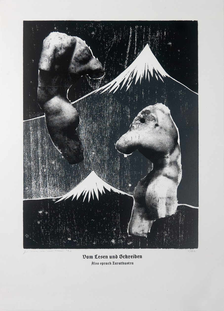 On Reading And Writing (White), Så talade Zarathustra, 2023 (träsnitt och silkscreen) av Guilherme Pontes