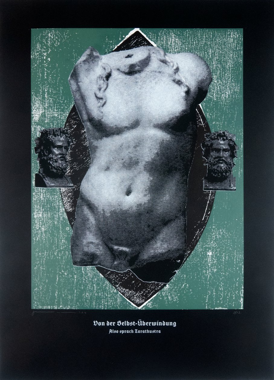 Om att övervinna sig själv, Så talade Zarathustra, 2024 (träsnitt och silkscreen) av Guilherme Pontes