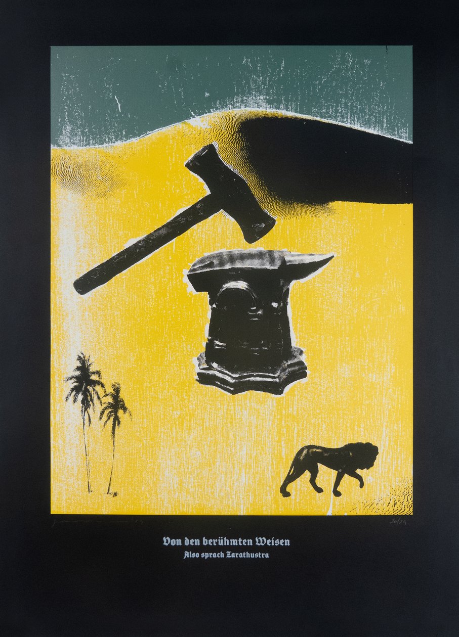 On The Famous Wise Men, Thus Spoke Zarathustra, 2024 (träsnitt och silkscreen) av Guilherme Pontes