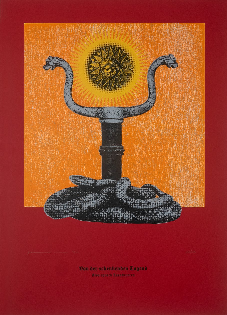 Om den gåvogivande dygden, Så talade Zarathustra, 2024 (träsnitt och silkscreen) av Guilherme Pontes