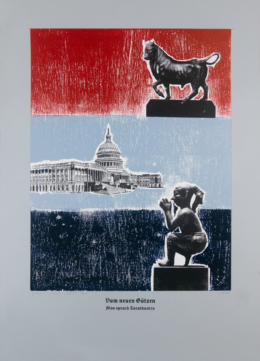Om den nya idolen, Så talade Zarathustra, 2024 (träsnitt och silkscreen) av Guilherme Pontes