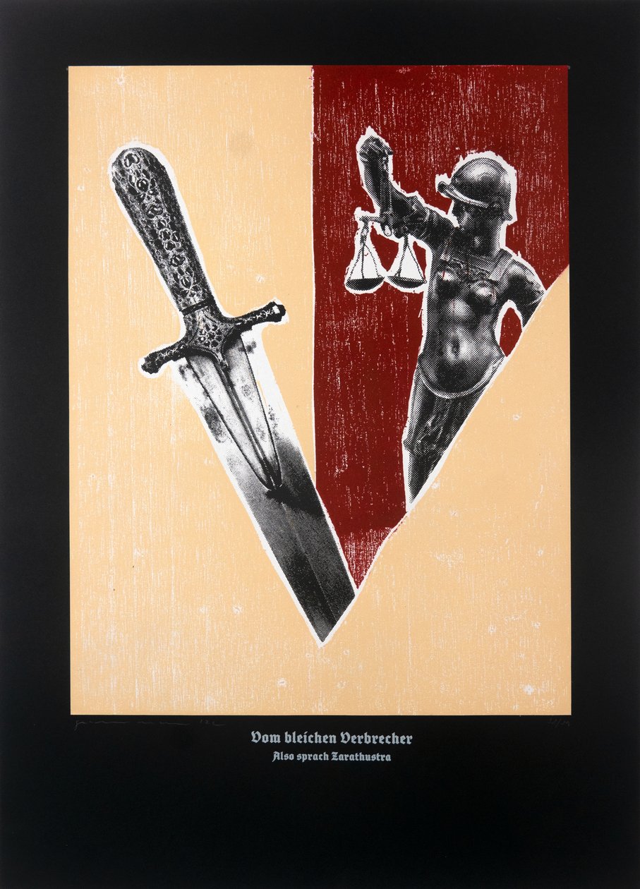 På den bleka brottslingen,Så talade Zarathustra, 2023 (träsnitt och silkscreen) av Guilherme Pontes