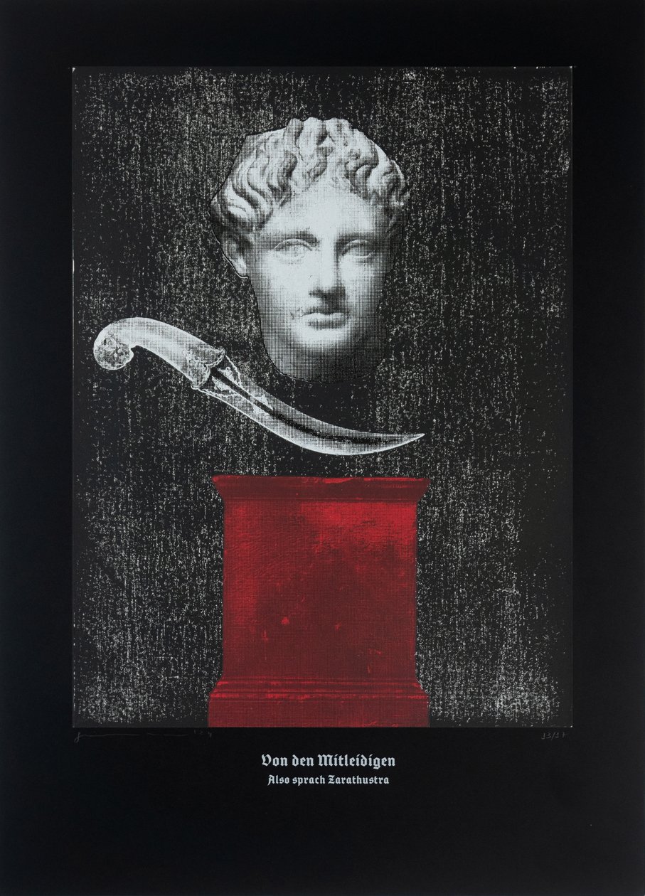 On The Pitying, Så talade Zarathustra, 2024 (träsnitt och silkscreen) av Guilherme Pontes