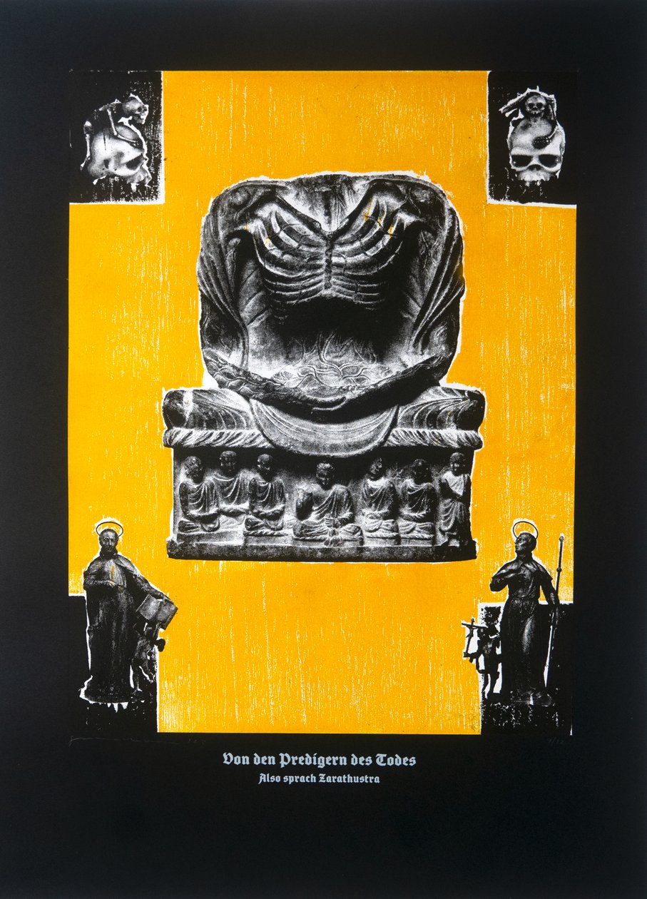Om dödspredikanterna, Så talade Zarathustra, 2023 (träsnitt och silkscreen) av Guilherme Pontes