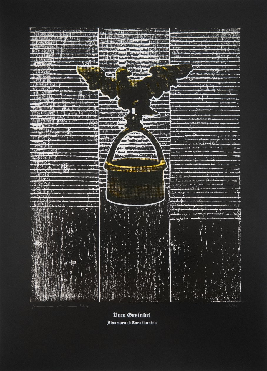 On The Rabble, Thus Spoke Zarathustra, 2024 (träsnitt och silkscreen) av Guilherme Pontes