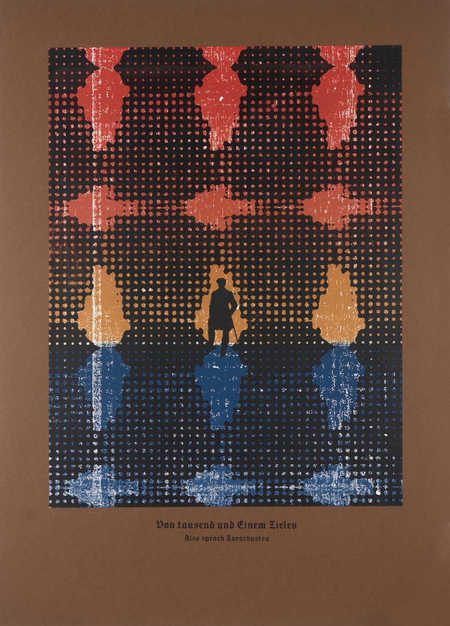 Om de tusen och ett målen,Så talade Zarathustra, 2024 (träsnitt och silkscreen) av Guilherme Pontes