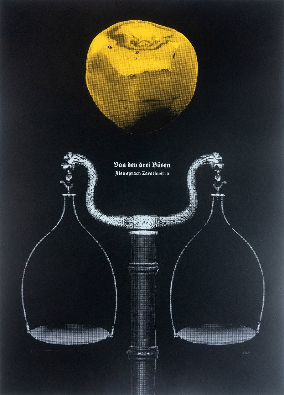 Om de tre ondskorna,Så talade Zarathustra, 2025 (träsnitt och silkscreen) av Guilherme Pontes