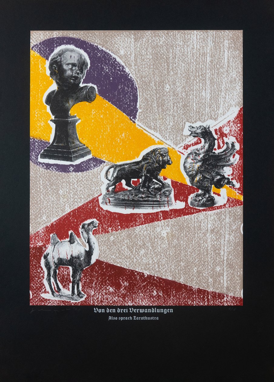 Om de tre metamorfoserna, så talade Zarathustra, 2022 (träsnitt och silkscreen) av Guilherme Pontes