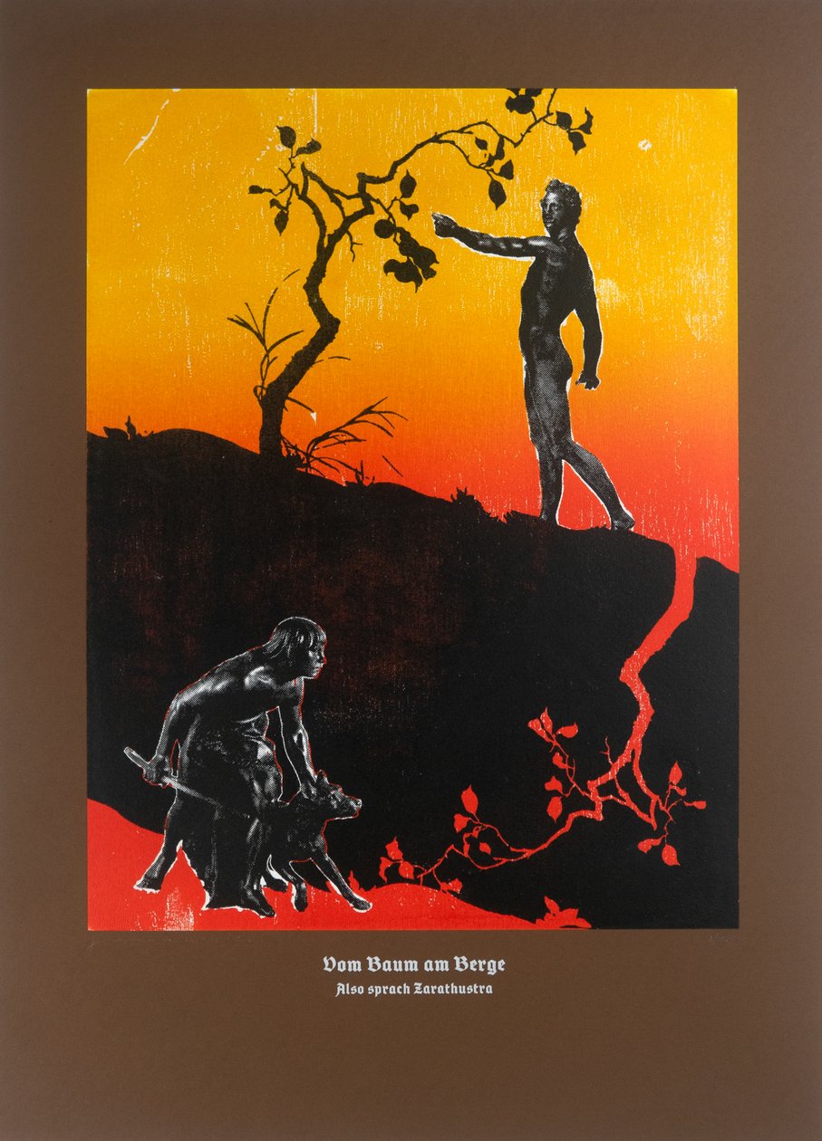 På trädet på bergssidan, Så talade Zarathustra, 2023 (träsnitt och silkscreen) av Guilherme Pontes